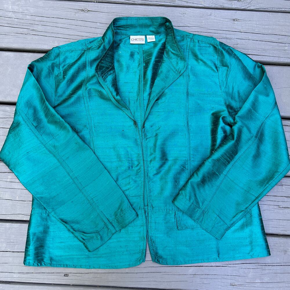 Chico's Vintage 100% Silk Shantung Teal Green Open Front Blazer Jacket Size 3 XL